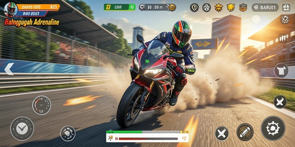 Screenshot gameplay BARU01 menampilkan aksi balapan motor yang intens.