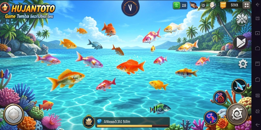 Tampilan seru gameplay HUJANTOTO dengan berbagai ikan warna-warni.
