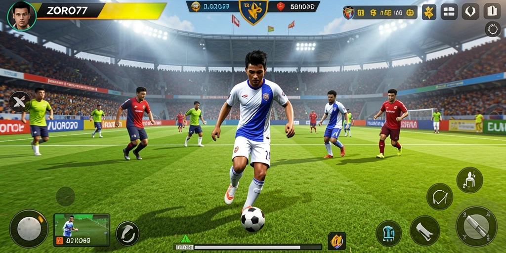 Gameplay seru ZORO77 dengan pemain mengolah bola.